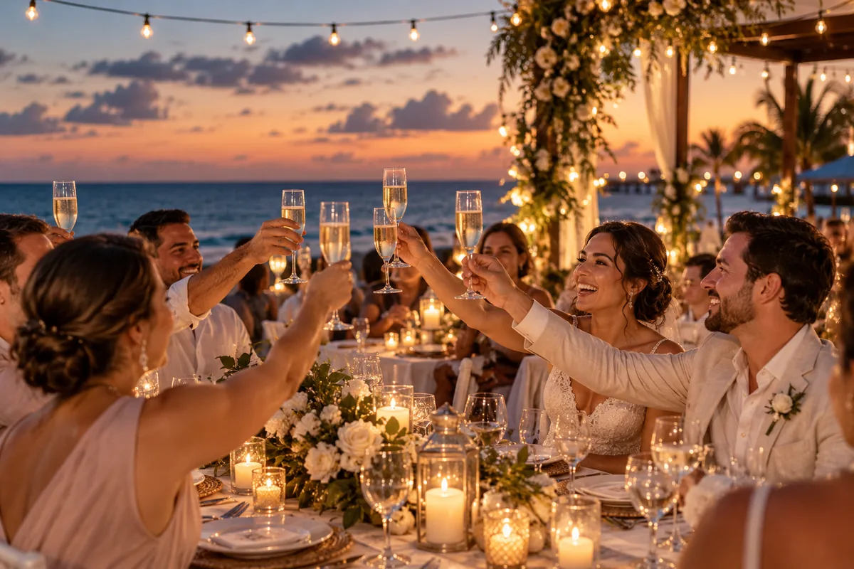 Novios e invitados brindando con copas de champán en una cena de boda frente al mar al anochecer