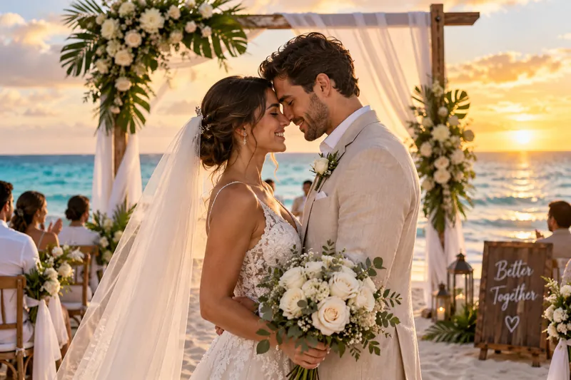 Novios abrazados bajo un arco de flores blancas en una playa del Caribe al atardecer