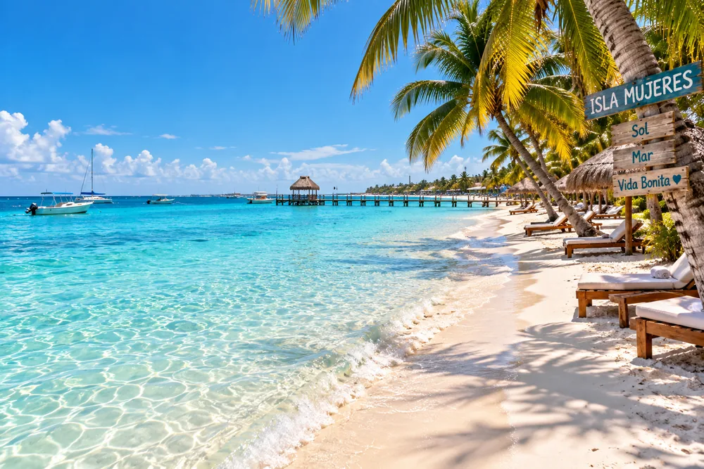 Playa Norte en Isla Mujeres, con agua turquesa transparente, palmeras, tumbonas y un muelle al fondo