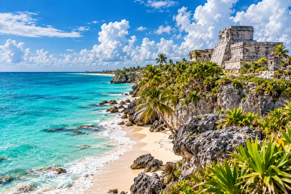 Las ruinas mayas de Tulum sobre el acantilado, con el mar turquesa y la playa de arena blanca abajo