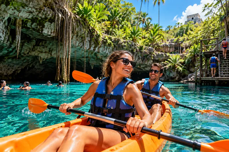 Pareja remando en kayak por un cenote de aguas turquesas rodeado de vegetación