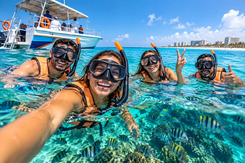 Grupo de viajeros haciendo snorkel en agua turquesa junto a un banco de peces, con la embarcación al fondo
