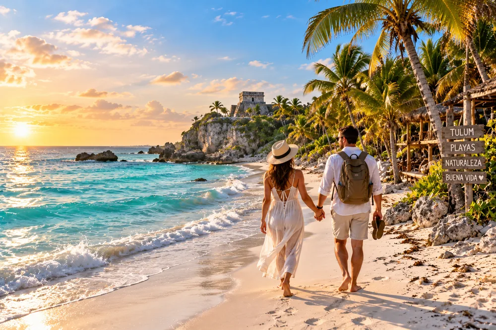 Pareja caminando de la mano por la playa de Tulum al atardecer, con las ruinas mayas sobre el acantilado