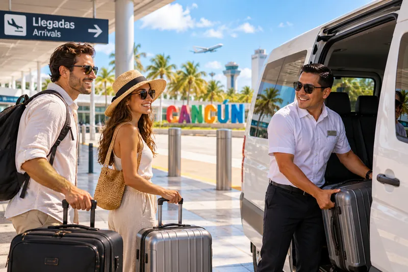 Chofer de Sandra Travel cargando maletas en una van privada en llegadas del Aeropuerto de Cancún